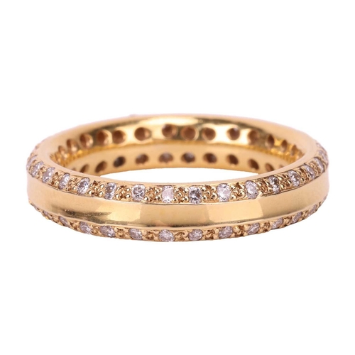 54 - A diamond-set band, the 4mm yellow gold band featuring chamfered edges set with round brilliant diam... 