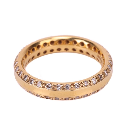 54 - A diamond-set band, the 4mm yellow gold band featuring chamfered edges set with round brilliant diam... 