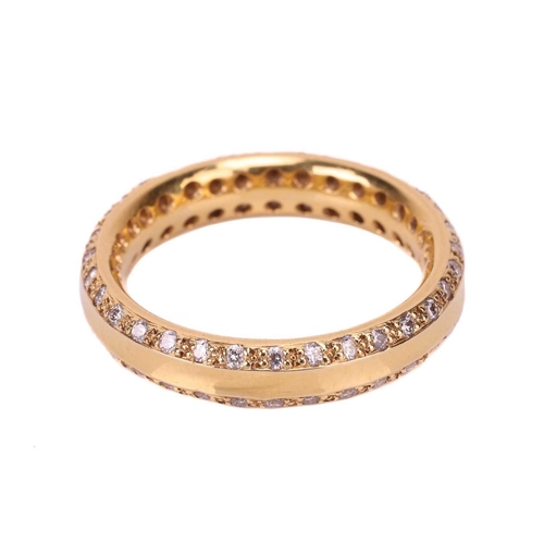 54 - A diamond-set band, the 4mm yellow gold band featuring chamfered edges set with round brilliant diam... 