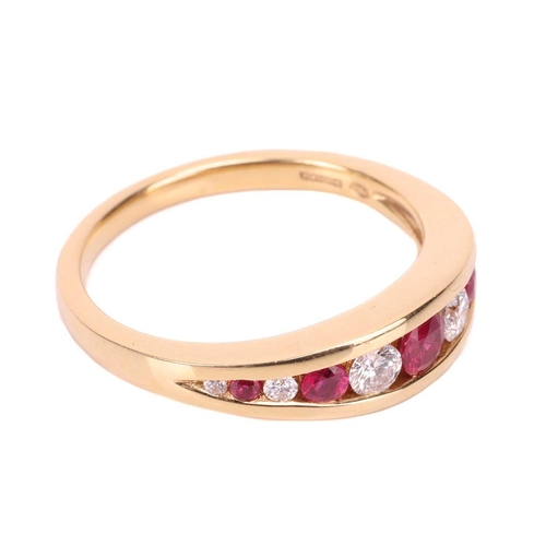 75 - A ruby and diamond-set ring, in 18ct yellow gold, featuring a row of graduated round-cut rubies and ... 