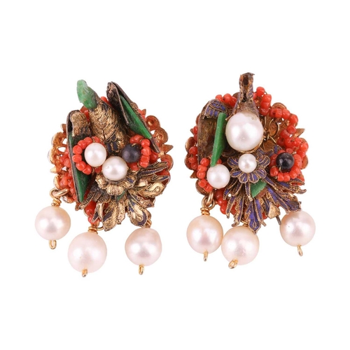 86 - A double row cultured pearl necklace, and a pair of coral and pearl set pinchbeck earrings. The doub... 