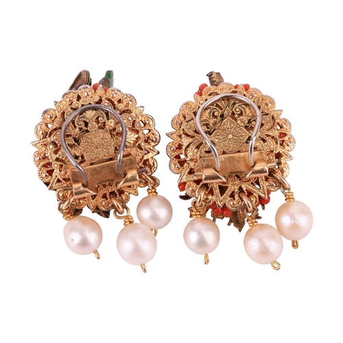 86 - A double row cultured pearl necklace, and a pair of coral and pearl set pinchbeck earrings. The doub... 