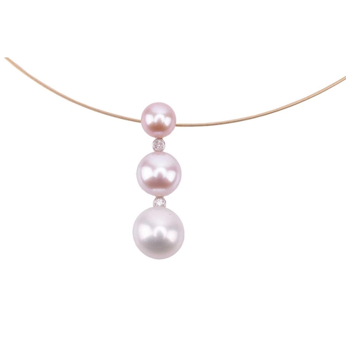 87 - A collection of three cultured pearl necklaces; including a pearl and diamond pendant featuring thre... 