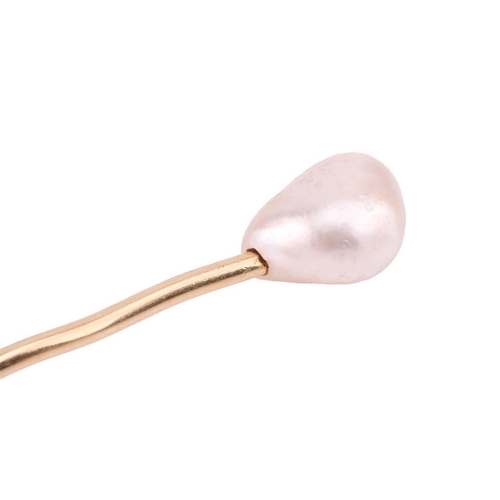 89 - A baroque pearl stick pin, pearl measures approximately 11.3mm x 8.5mm, unmarked yellow metal tests ... 