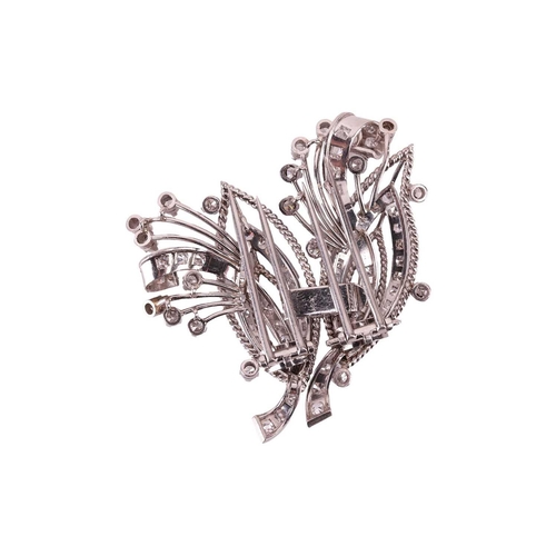 90 - A diamond convertible double-clip spray brooch, each clip with a navette shape motif and spray, set ... 