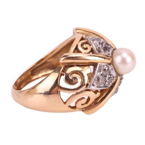 99 - An Ilias Lalaounis pearl and diamond ring, featuring a central cultivated pearl measuring 5.5mm with... 