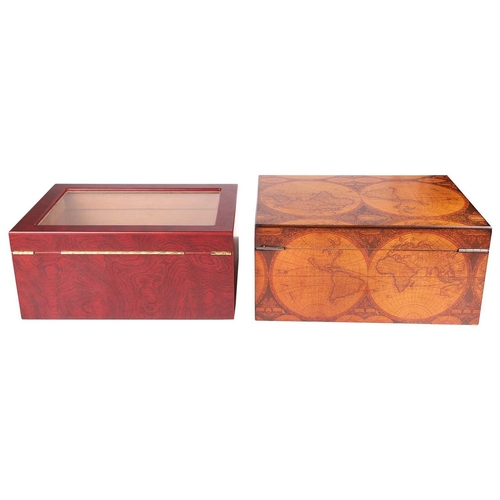 106 - A Glass Topped Hardwood Cigar Humidor, W = 34cm, H = 15cm, D = 24cm with a World Map Design Hardwood... 