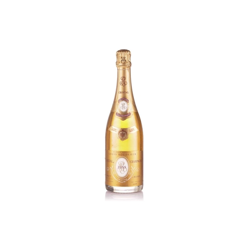 64 - A bottle of Louis Roederer Cristal 1988 in wrapper/box Cellar in London High Fill. Damage to ends of... 