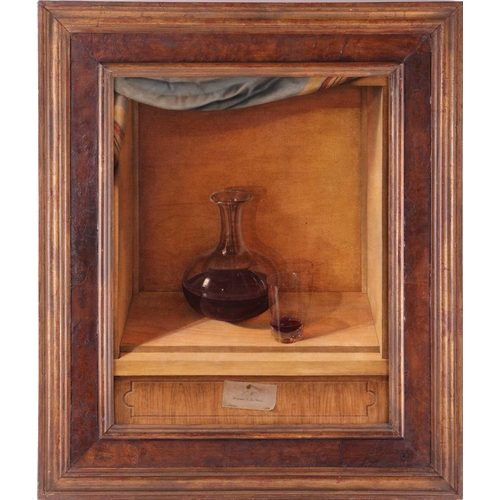 10 - T.W. (English School, 20th century), Still life of a flask of red wine and glass, inscribed below 'T... 