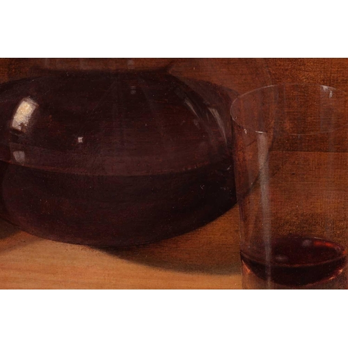 10 - T.W. (English School, 20th century), Still life of a flask of red wine and glass, inscribed below 'T... 