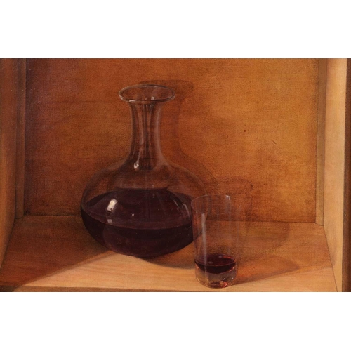 10 - T.W. (English School, 20th century), Still life of a flask of red wine and glass, inscribed below 'T... 