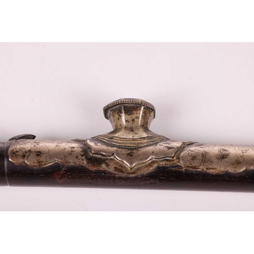 105 - A 19th/20th-century Chinese zitan wood opium pipe with a white jade mouthpiece, paktong saddle and b... 