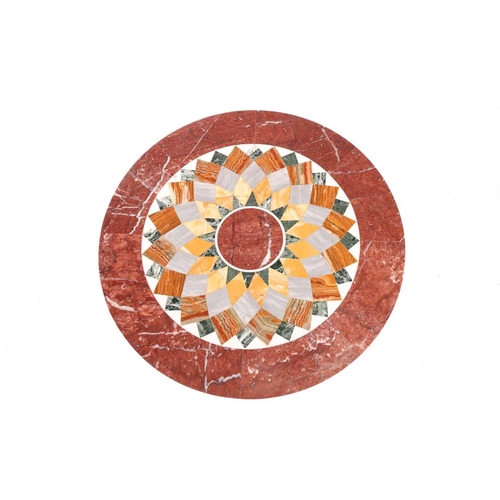 117 - A circular pietra dura pillar table, 20th century, the top inlaid with a central stylized radiant su... 