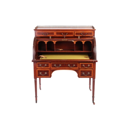 124 - A Hobbs & Co, Edwardian 'plum pudding' mahogany and marquetry cylinder writing bureau with a three-q... 