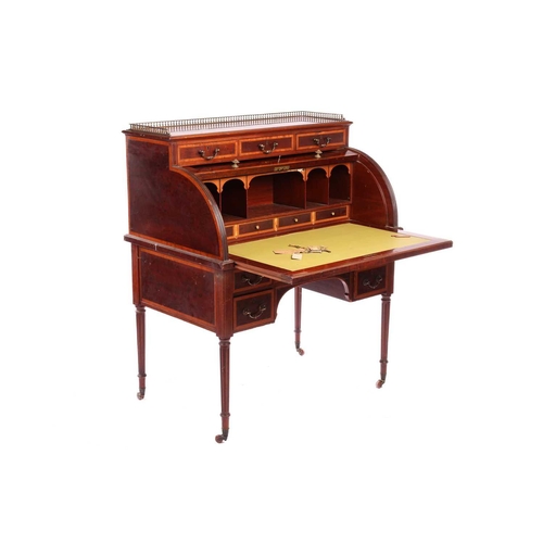 124 - A Hobbs & Co, Edwardian 'plum pudding' mahogany and marquetry cylinder writing bureau with a three-q... 