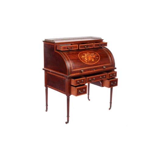 124 - A Hobbs & Co, Edwardian 'plum pudding' mahogany and marquetry cylinder writing bureau with a three-q... 