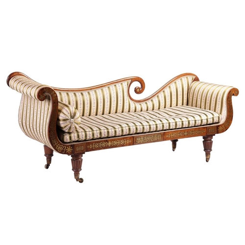 125 - In the manner of John McLean a Regency brass inlaid rosewood double scroll chaise longue, with spent... 