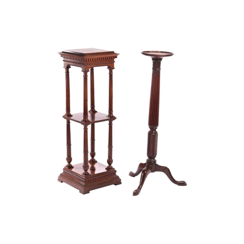 135 - An Edwardian mahogany two-tier pedestal of architectural, form with dentil moulding and fluted colum... 