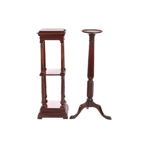 135 - An Edwardian mahogany two-tier pedestal of architectural, form with dentil moulding and fluted colum... 