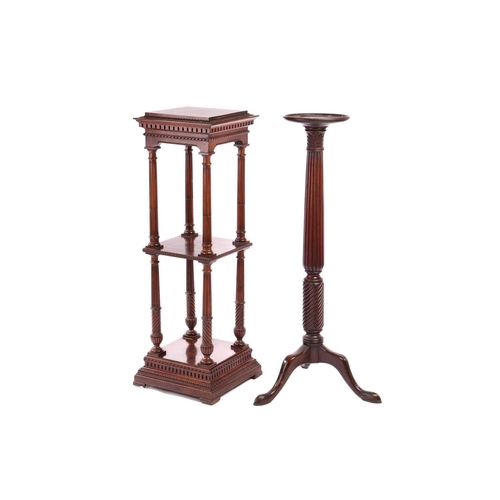 135 - An Edwardian mahogany two-tier pedestal of architectural, form with dentil moulding and fluted colum... 