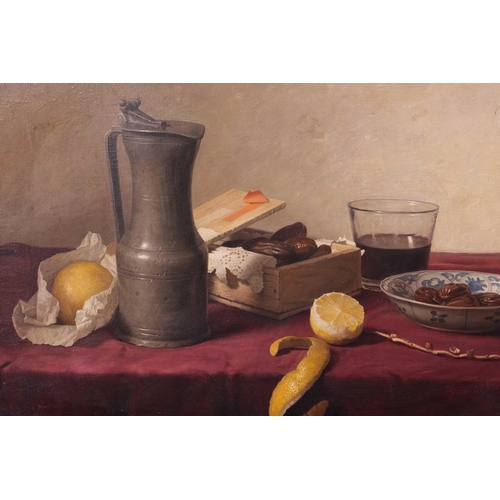 2 - † Johannes Hendrik Eversen (Dutch 1906 - 1995), Still life with pewter flagon, fruit, glass and bowl... 