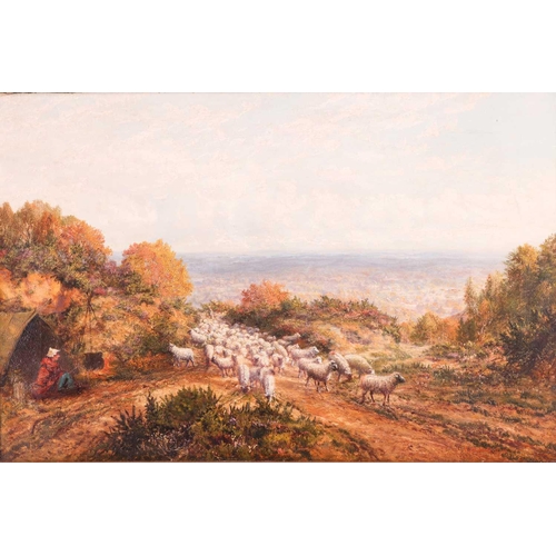 31 - George William Mote (1832 - 1909), Landscape with a flock of sheep and traveller on a roadside, sign... 