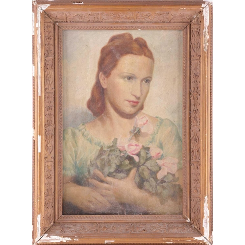 32 - † L. Palotty (Italian, 20th century), Portrait of a lady holding roses, signed 'L. Palotty Forli' (l... 