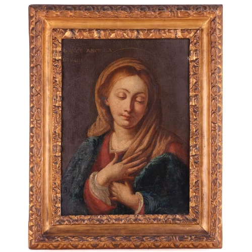 36 - Italian School, late 17th century, Portrait of the Madonna in blue and red, inscribed top left 'Ecce... 