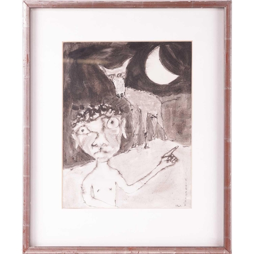 74 - † John Kingerlee (b 1936), Figure and dog in moonlight, signed 'Kingerlee 1967' (lower right), pen a... 