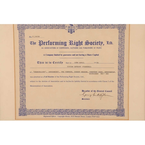 348 - Two framed membership certificates, issued to Vivian Stanshall, founding member of the Bonzo Dog Doo... 