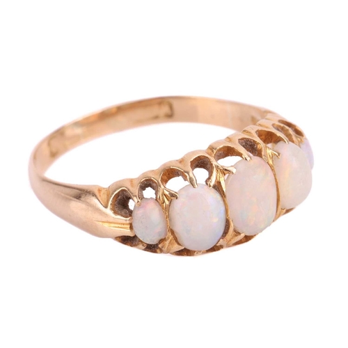 107 - An early 20th-century opal half-hoop ring in 18ct gold, featuring five graduated cabochon opals, of ... 