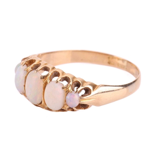 107 - An early 20th-century opal half-hoop ring in 18ct gold, featuring five graduated cabochon opals, of ... 