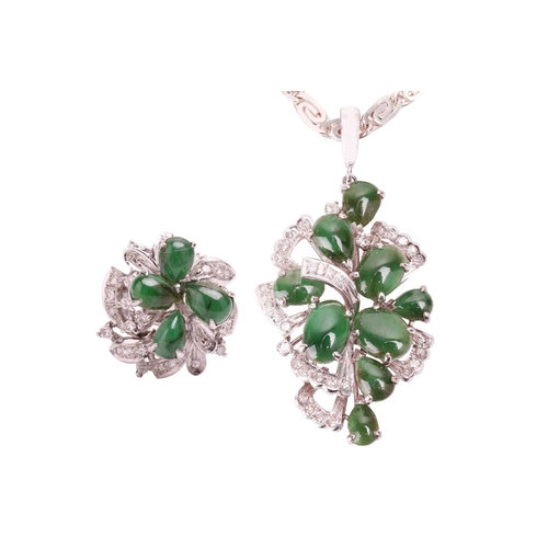 109 - A jadeite and diamond cluster pendant and matching ring, of tiered foliate design, the oval and pear... 