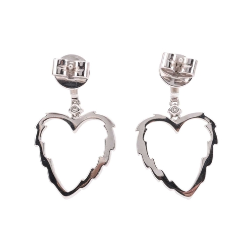 123 - A pair of diamond heart earrings, by Kiki McDonough, each designed as a linear heart-shaped leaf, se... 