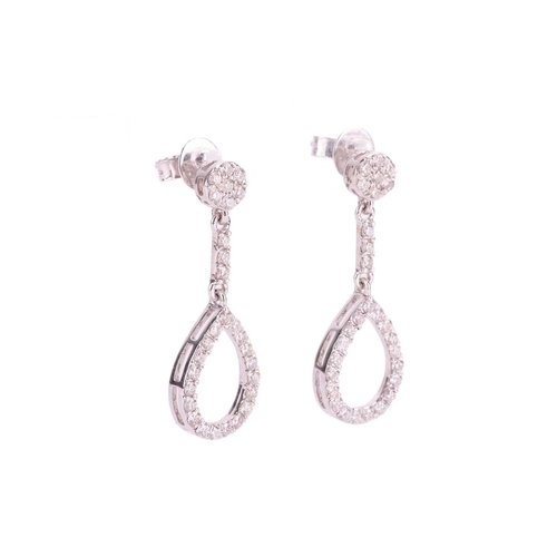 125 - A pair of diamond drop earrings, set with round brilliant cut diamonds in a drop shape and cluster d... 