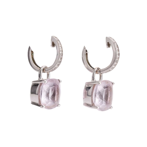 131 - A pair of amethyst and diamond drop earrings, each comprising a diamond-set hoop surmount, suspendin... 