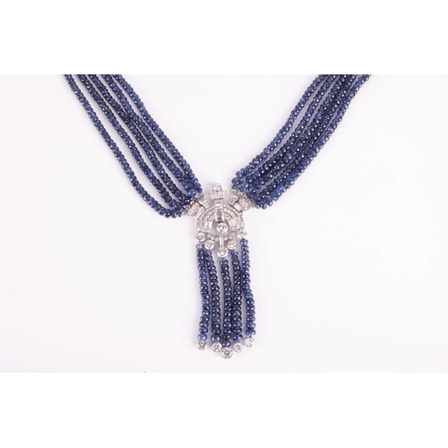 139 - An Art Deco style beaded sapphire and diamond sautoir necklace, composed of five strands of faceted ... 