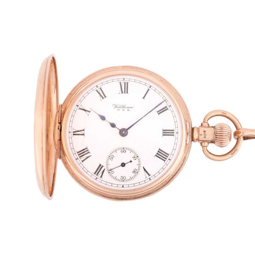 178 - An early twentieth-century 9ct gold half-hunter pocketwatch, by Waltham, featuring a cream face with... 