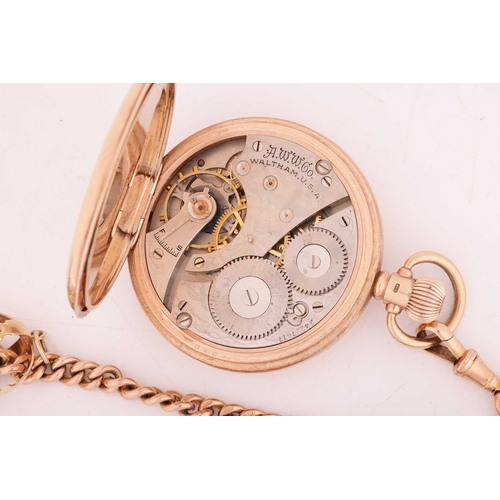 178 - An early twentieth-century 9ct gold half-hunter pocketwatch, by Waltham, featuring a cream face with... 