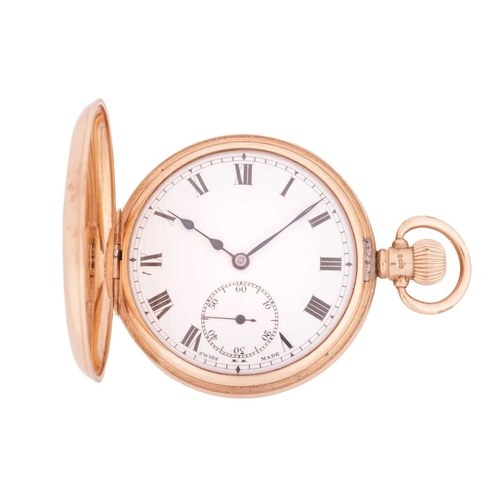 195 - A 9ct gold half-hunter pocket watch featuring a keyless wound Swiss movement in a yellow gold case m... 