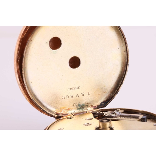 196 - An early twentieth-century open-face pocket watch, with a gold face in a yellow metal embossed case ... 