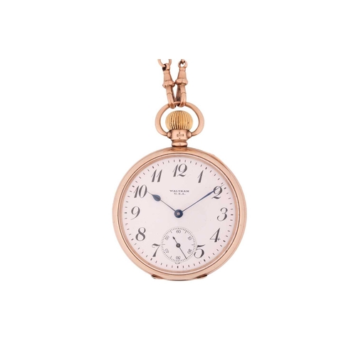 197 - A 9ct gold Waltham open-face pocket watch and a 9ct gold Albert chain. Featuring a keyless wound mov... 