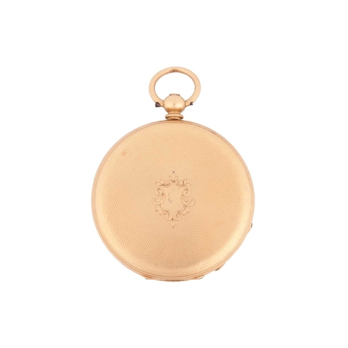 202 - An 18ct yellow gold open-faced pocket watch, featuring a gold face with scrolling and foliate detail... 