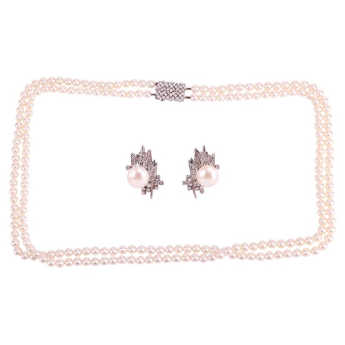 22 - A double-row cultured pearl necklace with diamond clasp, together with a pair of pearl and diamond c... 