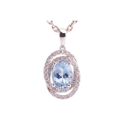 28 - An aquamarine and diamond-set oval pendant, featuring an oval aquamarine, with an estimated carat we... 