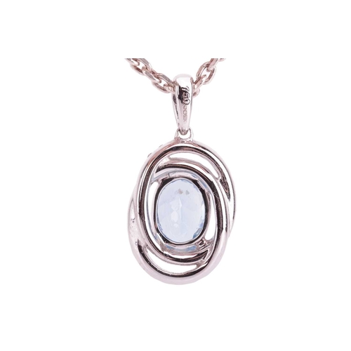 28 - An aquamarine and diamond-set oval pendant, featuring an oval aquamarine, with an estimated carat we... 