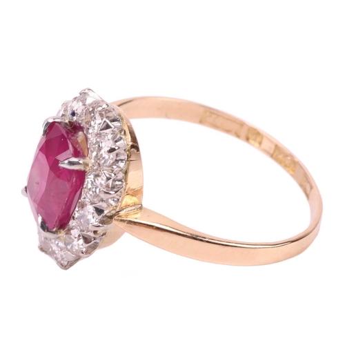 34 - An unheated Burmese ruby and diamond entourage ring, centred with a cushion-cut ruby of 1.37ct, appr... 