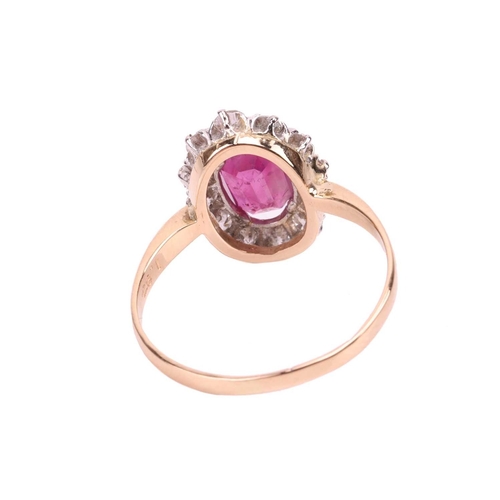 34 - An unheated Burmese ruby and diamond entourage ring, centred with a cushion-cut ruby of 1.37ct, appr... 