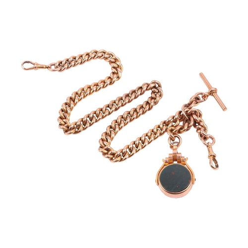 37 - A 9ct gold Albert chain and bloodstone swivel fob, comprising a series of curb links terminated with... 