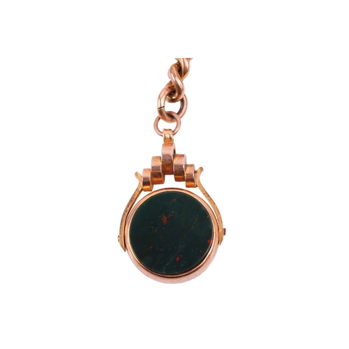 37 - A 9ct gold Albert chain and bloodstone swivel fob, comprising a series of curb links terminated with... 